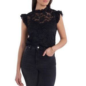 1.Slate flutter sleeve top with mock neckline button back closure lace detailing